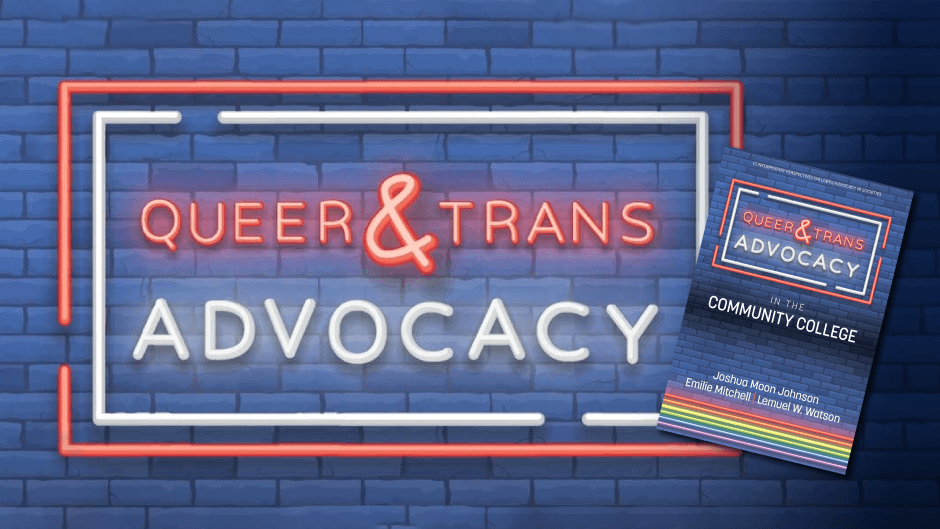Graphic sign that says Queer & Trans Advocacy next to an image of a book cover