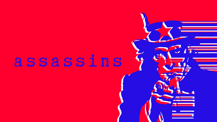 A red background with a blue graphic of Uncle Sam in motion with the word Assassins