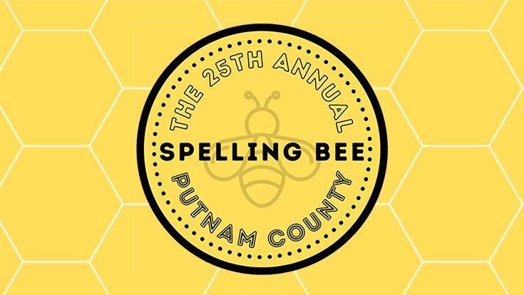 A black circle on a yellow honeycomb background with the words The 25th Annual Putnam County Spelling Bee